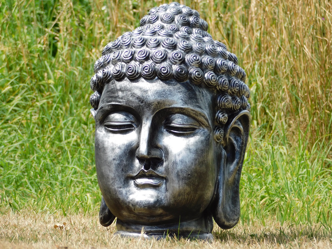 Indonesische Boeddha-hoofd, polystein-grijs-zilver! HANDGEMAAKT.EU