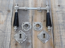 Set of retro door hardware - polished nickel - with black porcelain handles