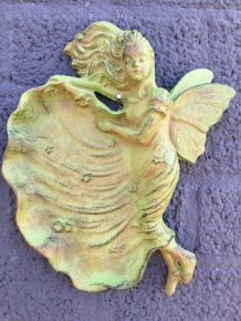 Wall ornament / birdbath angel, cast iron green