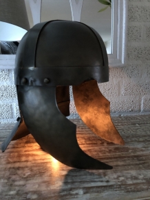 Knight's helmet copper-green metal, with ear protectors, old condition!