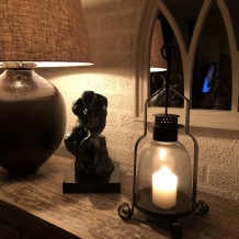 Candlestick, storm lantern, metal-glass, brown, beautiful ironwork.
