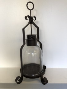 Candlestick, storm lantern, metal-glass, brown, beautiful ironwork.
