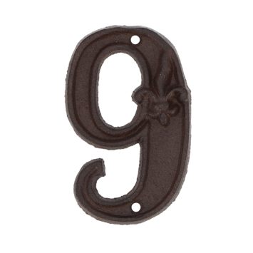 House number - digit 9 - cast iron brown