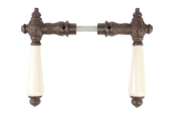 Antique iron door handle set, brown, white porcelain handles