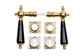 Brass door hardware set, handles with rosettes, for room doors