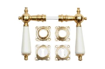 Brass door hardware set, handles with rosettes, for room doors